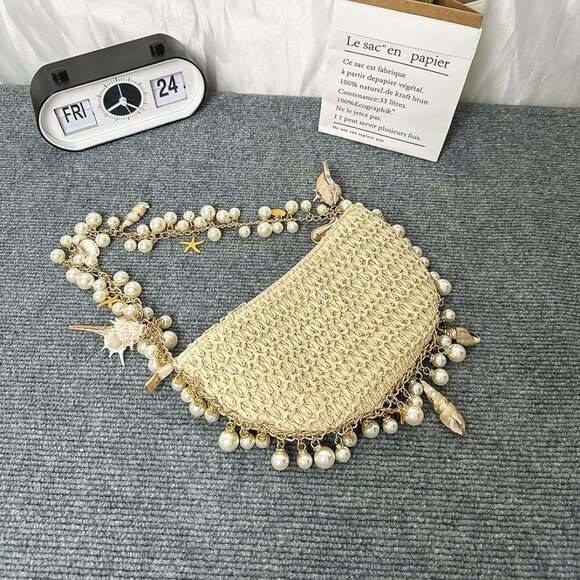 Pearl Straw Clutch Purse for Women Summer Vacation Purses Beach Evening Bag Bead - Picture 6 of 7